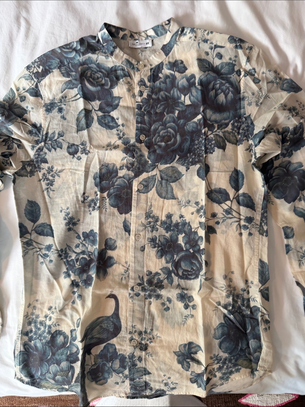 Sabyasachi Floral Print Mandarin Collar Shirt Jacket - Blue on Cream